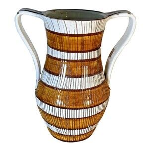 Mid Century Vase with Scored Vertical Lines Double Handled from Italy, As Is